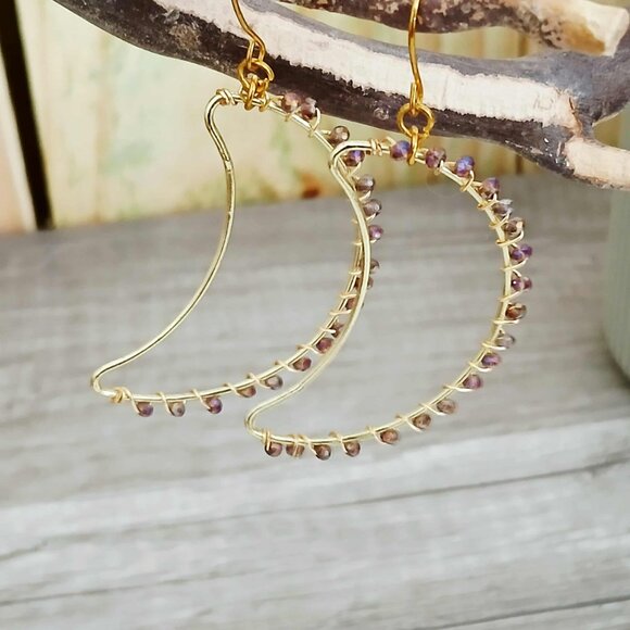 Gold Crescent Moon Beaded Dangle Earrings - 2.5" - Boho Celestial - Picture 1 of 10